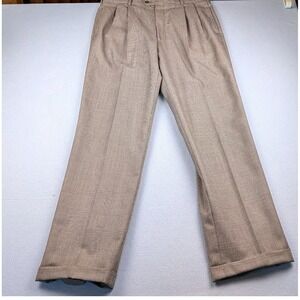 J Riggins Mens Glen Plaid Pleated Dress Pants Tan Brown Wool Blend Cuffed 35L